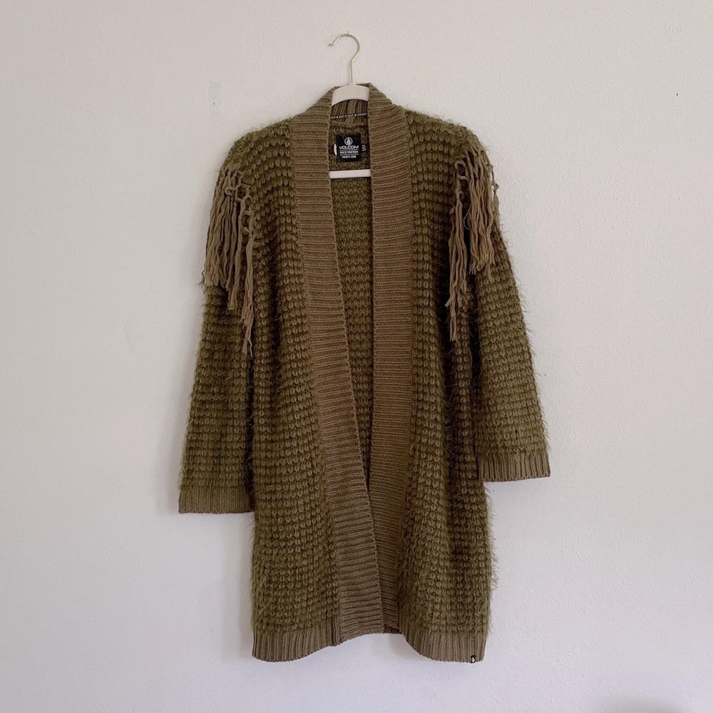 Volcom Open Front Sweater Boho Fringe Trim Olive Green Cardigan Coastal Beach